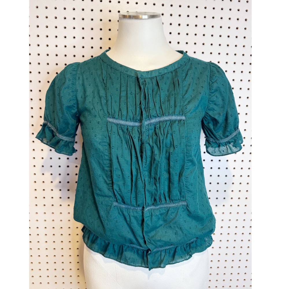 APC‎ | Teal Green Cotton Dobby Pintuck Ruffle Puff Sleeve Blouse Parisian Top XS